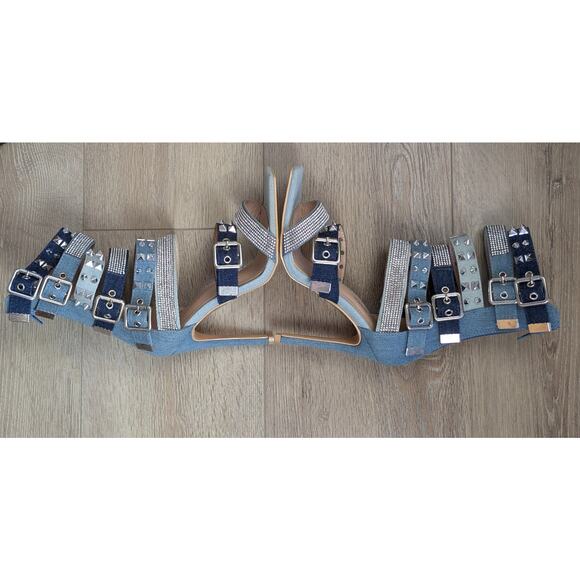 Azalea Wang Trace Heels 6 Denim Strappy Mid Calf Silver Studded Rhinestone NEW - Picture 6 of 12
